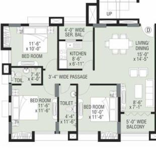 Floor plan of 3 BHK 1365 Sq. Ft. Apartment in Merlin Paradise, Kolkata