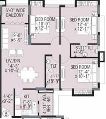 Floor plan of 3 BHK 1469 Sq. Ft. Apartment in Merlin Paradise, Kolkata