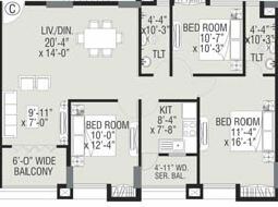 Floor plan of 3 BHK 1545 Sq. Ft. Apartment in Merlin Paradise, Kolkata