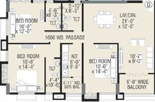 Floor plan of 3 BHK 1653 Sq. Ft. Apartment in Merlin Paradise, Kolkata