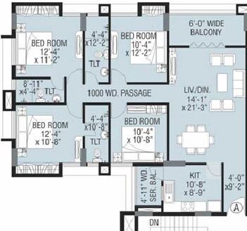 Floor plan of 4 BHK 1888 Sq. Ft. Apartment in Merlin Paradise, Kolkata