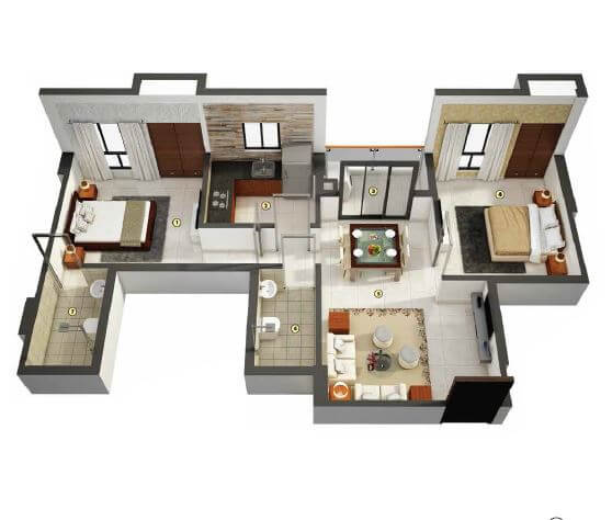 Floor plan of 2 BHK 728 Sq. Ft. Apartment in Merlin Pristine, Kolkata