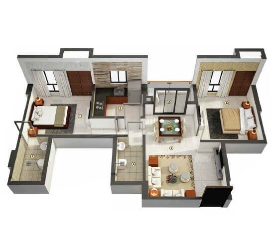 Floor plan of 2 BHK 736 Sq. Ft. Apartment in Merlin Pristine, Kolkata
