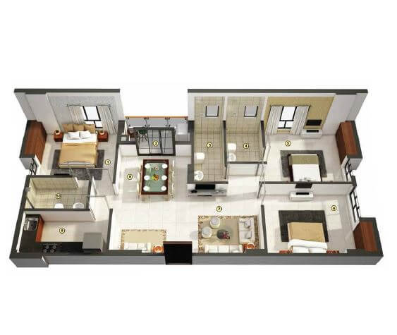 Floor plan of 3 BHK 1105 Sq. Ft. Apartment in Merlin Pristine, Kolkata