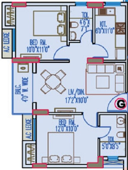 Floor plan of 2 BHK 1560 Sq. Ft. Apartment in Merlin Regency, Kolkata