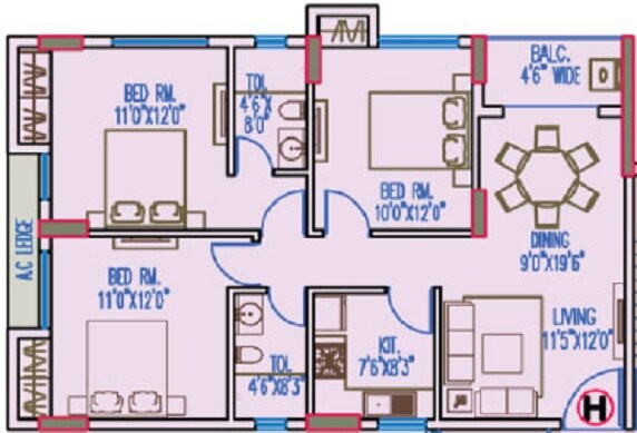 Floor plan of 3 BHK 1787 Sq. Ft. Apartment in Merlin Regency, Kolkata