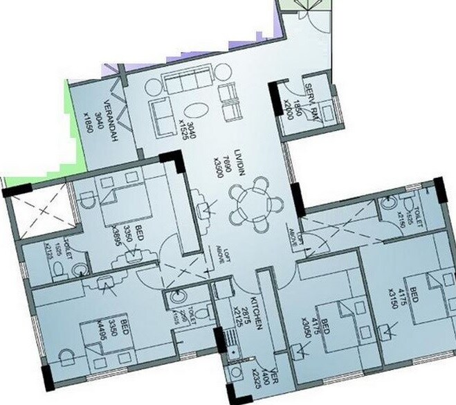 Floor plan of 3 BHK 2706 Sq. Ft. Apartment in Merlin Regency, Kolkata