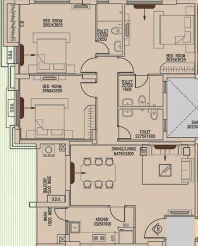 Floor plan of 3 BHK 1537 Sq. Ft. Apartment in Merlin Regent, Kolkata