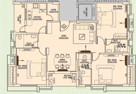 Floor plan of 3 BHK 1613 Sq. Ft. Apartment in Merlin Regent, Kolkata