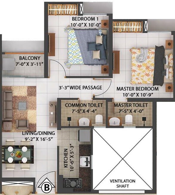 Floor plan of 2 BHK 632 Sq. Ft. Apartment in Merlin Rise, Kolkata