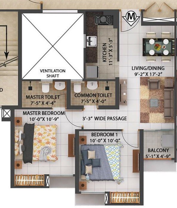 Floor plan of 2 BHK 639 Sq. Ft. Apartment in Merlin Rise, Kolkata