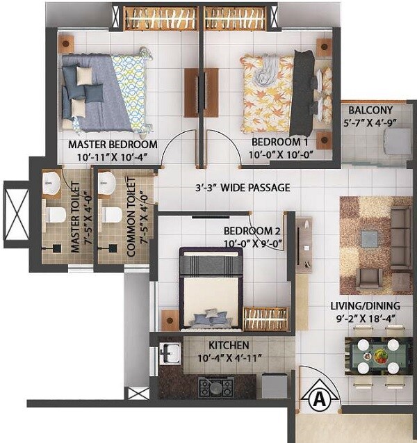 Floor plan of 3 BHK 812 Sq. Ft. Apartment in Merlin Rise, Kolkata