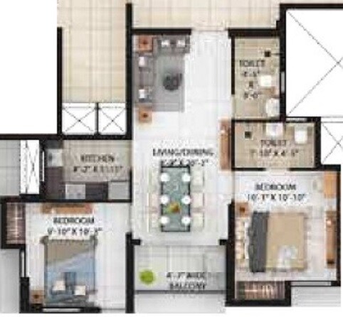 Floor plan of 2 BHK 677 Sq. Ft. Apartment in Merlin Skygaze, Kolkata