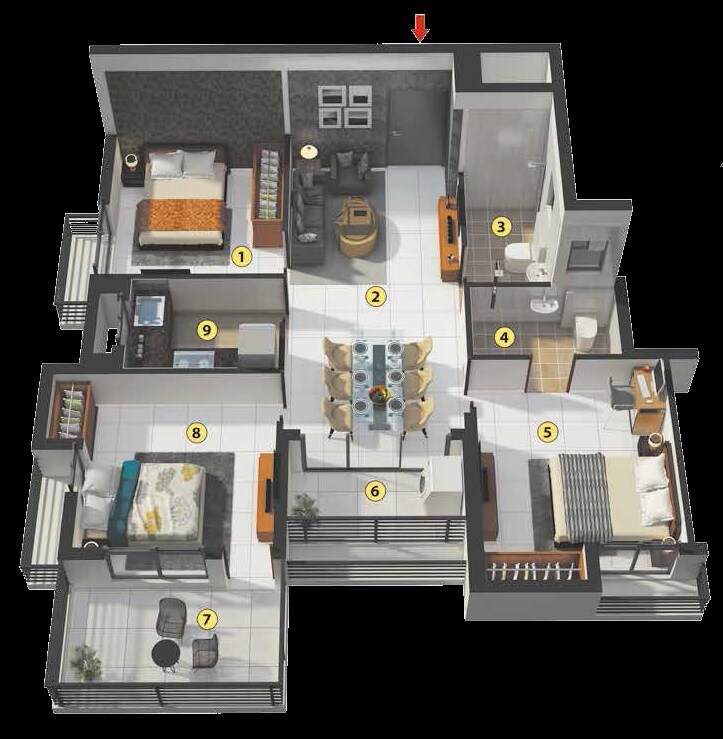 Floor plan of 3 BHK 636 Sq. Ft. Apartment in Merlin Skygaze, Kolkata