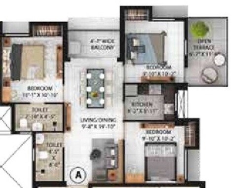 Floor plan of 3 BHK 638 Sq. Ft. Apartment in Merlin Skygaze, Kolkata