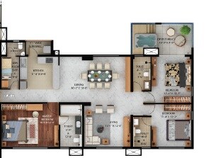Floor plan of 3 BHK 1547 Sq. Ft. Apartment in Merlin The Fourth, Kolkata