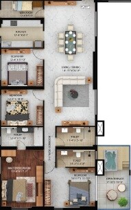 Floor plan of 4 BHK 1856 Sq. Ft. Apartment in Merlin The Fourth, Kolkata