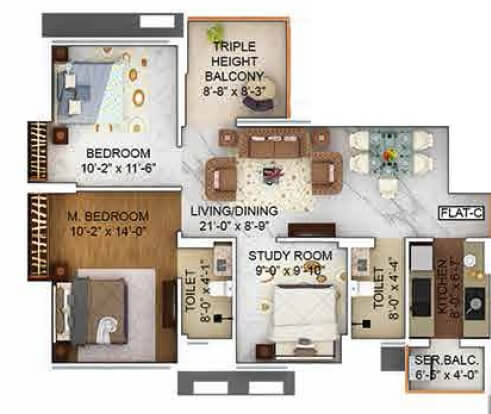 Floor plan of 2 BHK 862 Sq. Ft. Apartment in Merlin The One, Kolkata