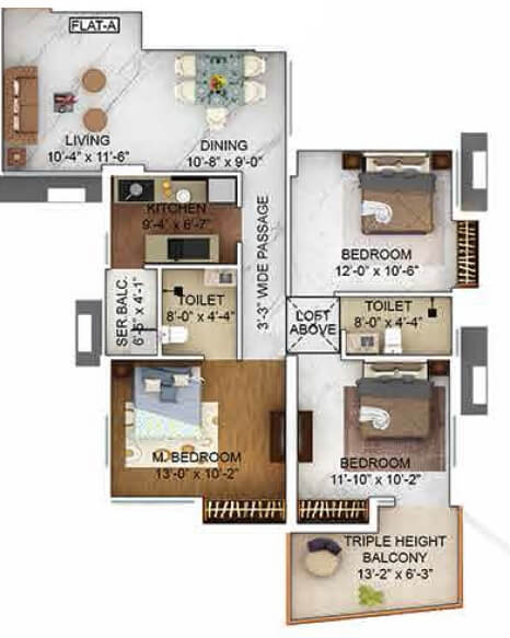 Floor plan of 3 BHK 1020 Sq. Ft. Apartment in Merlin The One, Kolkata