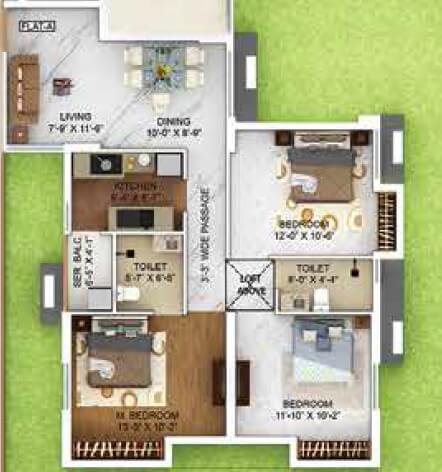 Floor plan of 3 BHK 1459 Sq. Ft. Apartment in Merlin The One, Kolkata