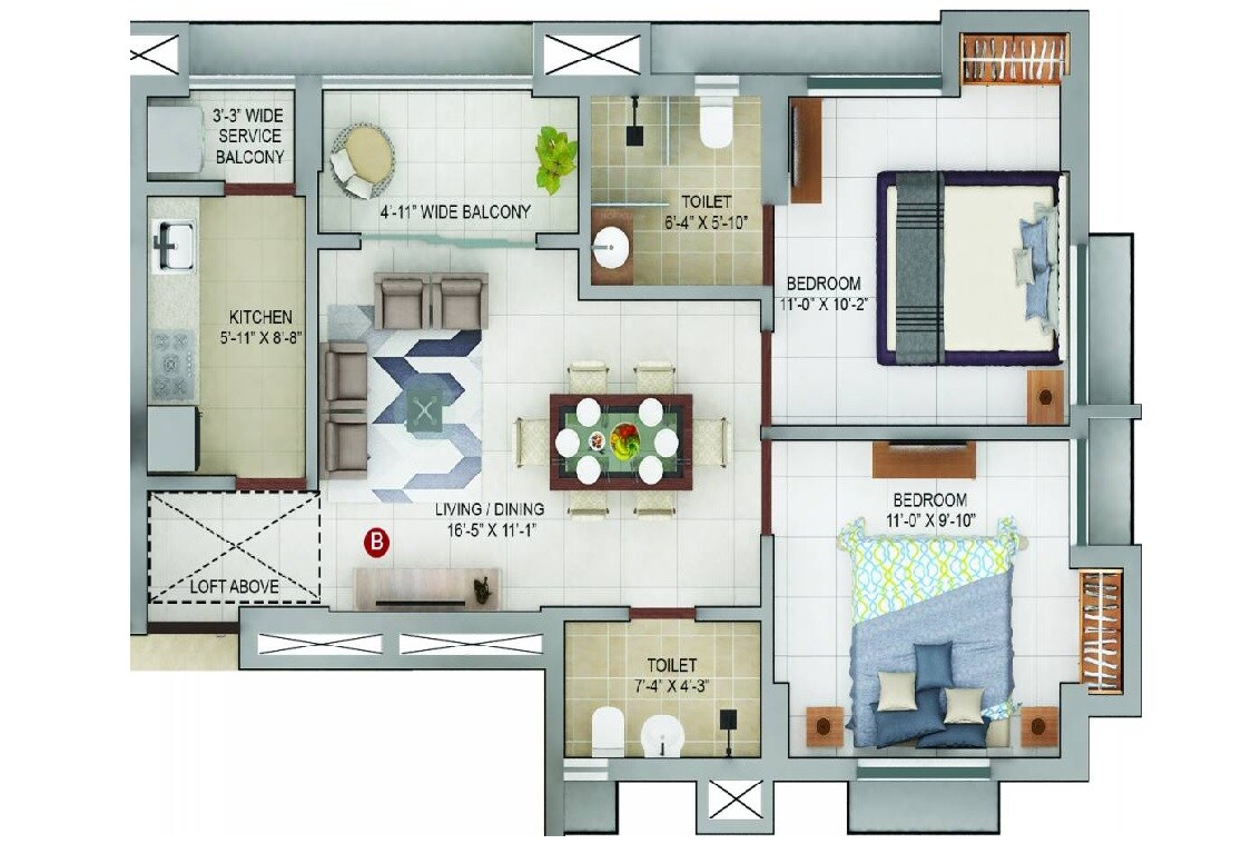 Floor plan of 2 BHK 723 Sq. Ft. Apartment in Merlin Urvan, Kolkata