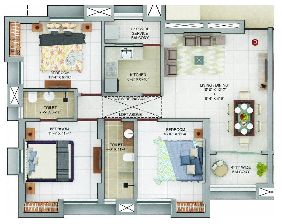 Floor plan of 3 BHK 988 Sq. Ft. Apartment in Merlin Urvan, Kolkata