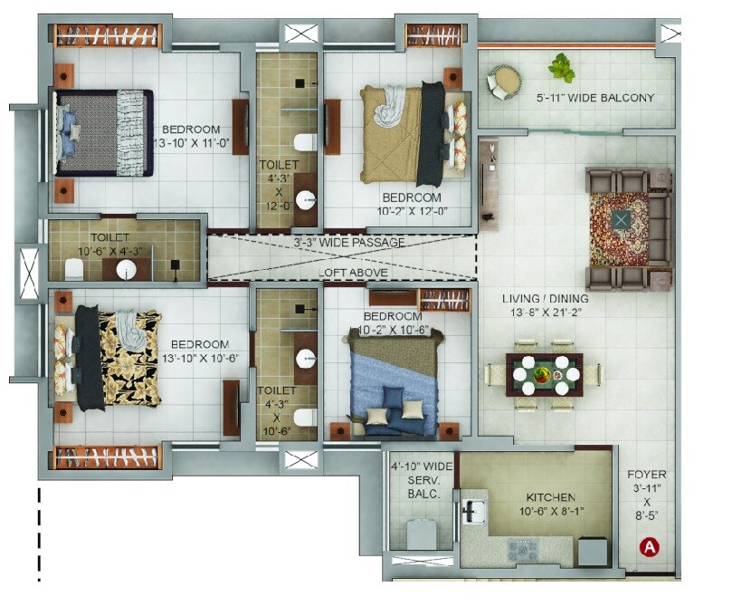 Floor plan of 4 BHK 1459 Sq. Ft. Apartment in Merlin Urvan, Kolkata