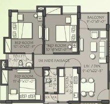 Floor plan of 3 BHK 1253 Sq. Ft. Apartment in Merlin Vasundharaa, Kolkata
