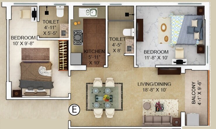 Floor plan of 2 BHK 669 Sq. Ft. Apartment in Merlin Verve, Kolkata