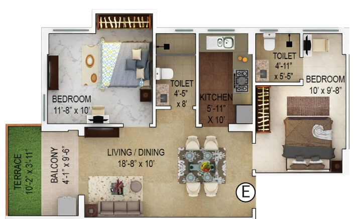 Floor plan of 2 BHK 704 Sq. Ft. Apartment in Merlin Verve, Kolkata