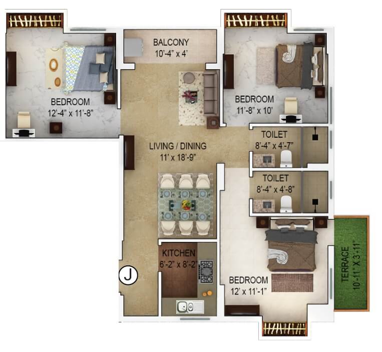 Floor plan of 3 BHK 1008 Sq. Ft. Apartment in Merlin Verve, Kolkata