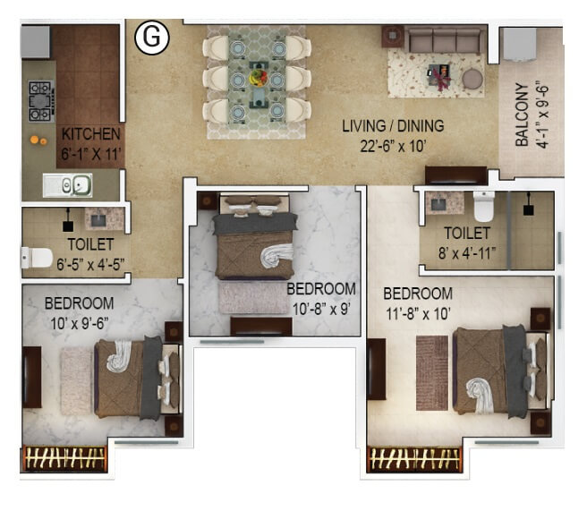 Floor plan of 3 BHK 1263 Sq. Ft. Apartment in Merlin Verve, Kolkata
