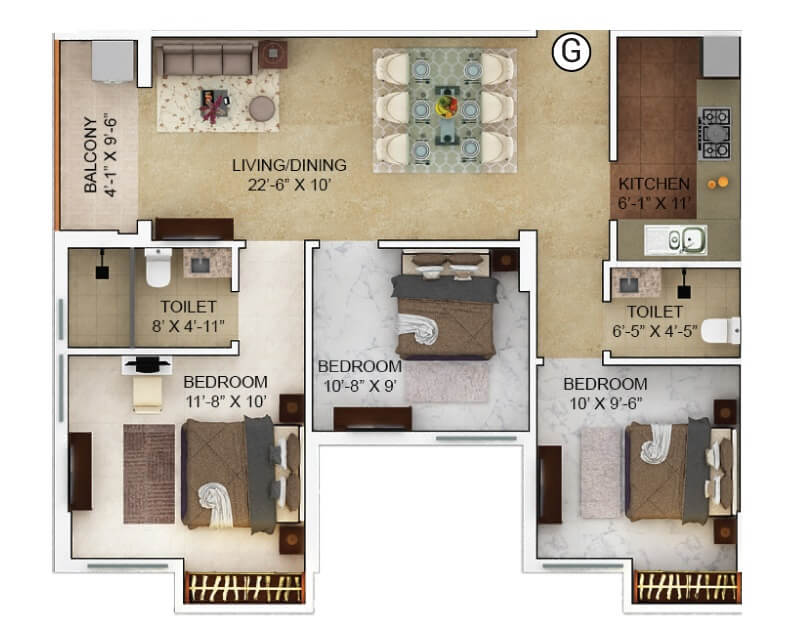 Floor plan of 3 BHK 868 Sq. Ft. Apartment in Merlin Verve, Kolkata