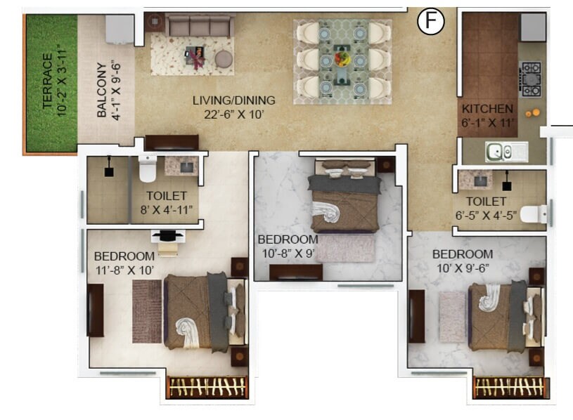 Floor plan of 3 BHK 889 Sq. Ft. Apartment in Merlin Verve, Kolkata