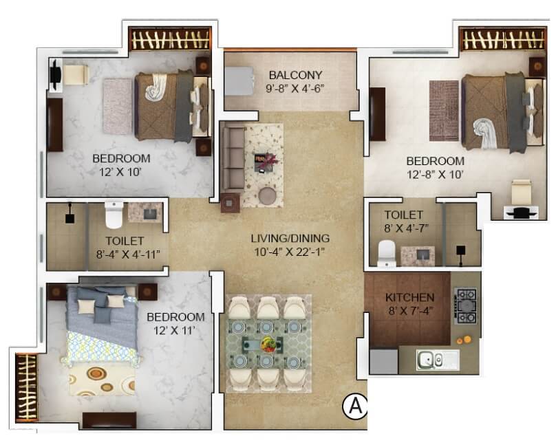 Floor plan of 3 BHK 945 Sq. Ft. Apartment in Merlin Verve, Kolkata