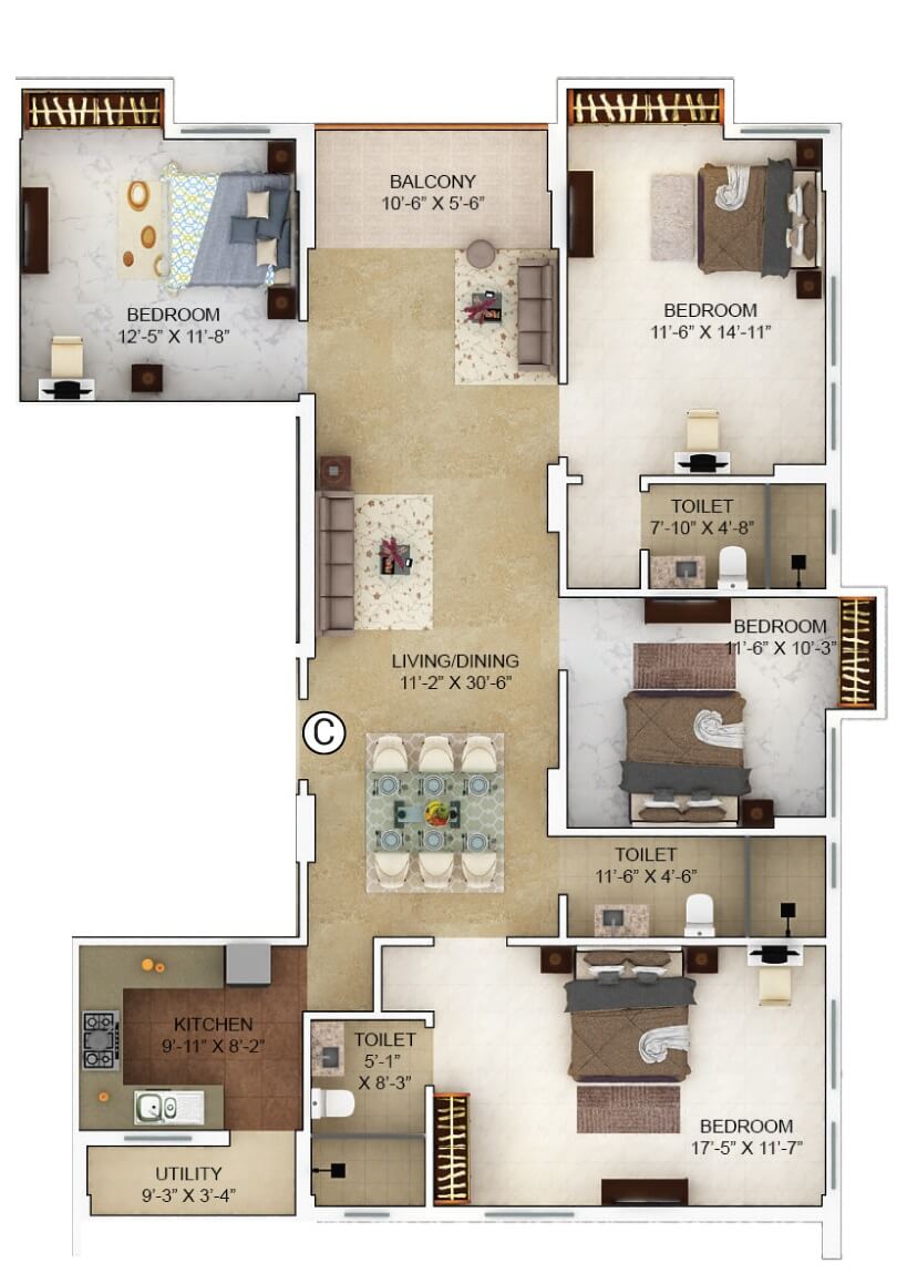 Floor plan of 4 BHK 1497 Sq. Ft. Apartment in Merlin Verve, Kolkata