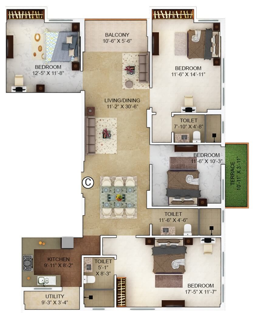 Floor plan of 4 BHK 1508 Sq. Ft. Apartment in Merlin Verve, Kolkata