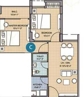 Floor plan of 2 BHK 661 Sq. Ft. Apartment in Merlin Waterfront, Kolkata