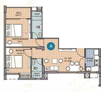 Floor plan of 2 BHK 688 Sq. Ft. Apartment in Merlin Waterfront, Kolkata