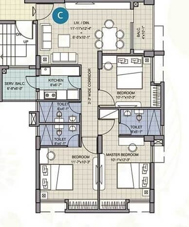 Floor plan of 3 BHK 1056 Sq. Ft. Apartment in Merlin Waterfront, Kolkata