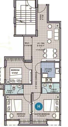 Floor plan of 3 BHK 888 Sq. Ft. Apartment in Merlin Waterfront, Kolkata