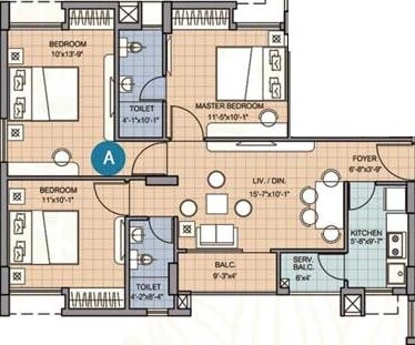 Floor plan of 3 BHK 905 Sq. Ft. Apartment in Merlin Waterfront, Kolkata