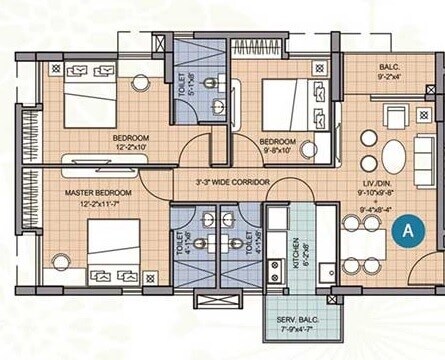 Floor plan of 3 BHK 996 Sq. Ft. Apartment in Merlin Waterfront, Kolkata
