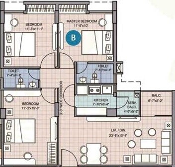 Floor plan of 3 BHK 999 Sq. Ft. Apartment in Merlin Waterfront, Kolkata