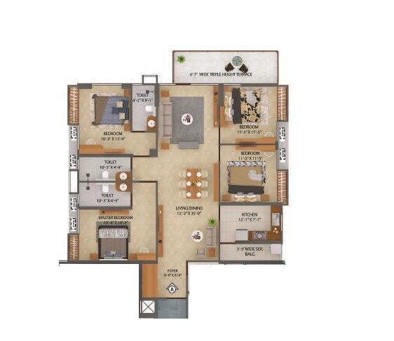 Floor plan of 3 BHK 1400 Sq. Ft. Apartment in Merlin X, Kolkata