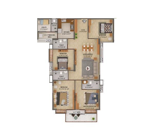 Floor plan of 4 BHK 2100 Sq. Ft. Apartment in Merlin X, Kolkata