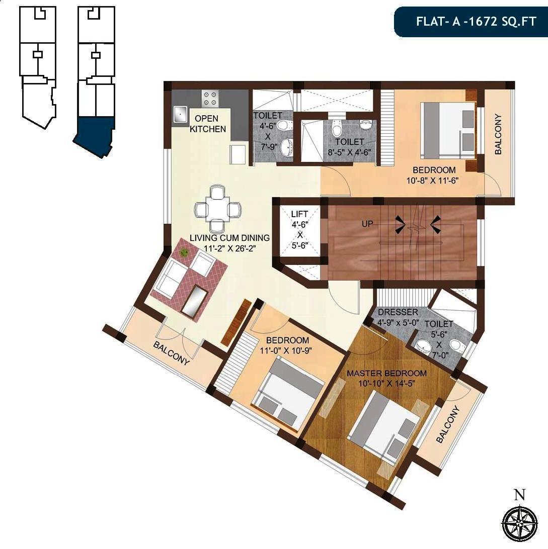 Floor plan of 3 BHK 1672 Sq. Ft. Apartment in Mounthill Breeze, Kolkata