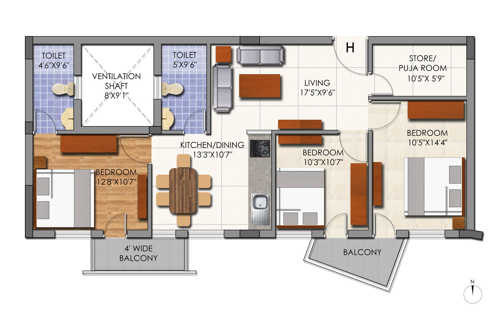 Floor plan of 3 BHK 1515 Sq. Ft. Apartment in Mounthill Essence, Kolkata