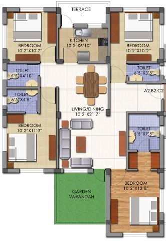 Floor plan of 4 BHK 1935 Sq. Ft. Apartment in Mounthill Essence, Kolkata