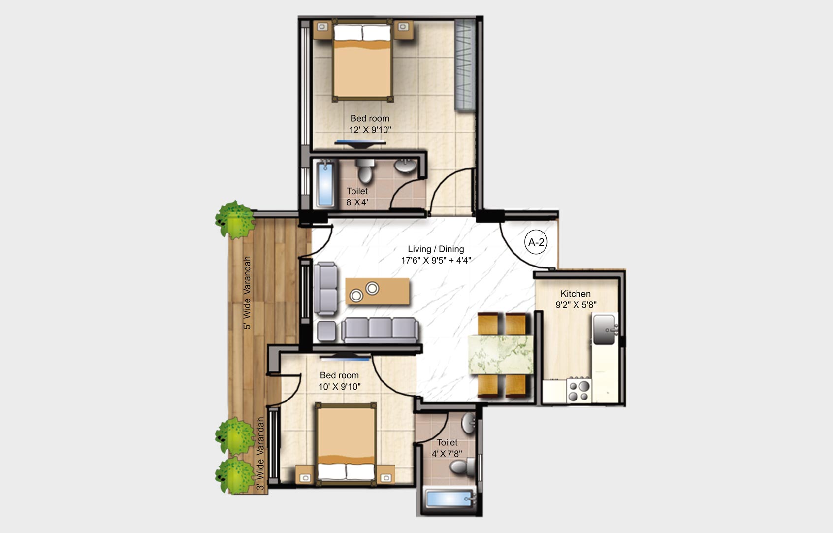 Floor plan of 2 BHK 1100 Sq. Ft. Apartment in Mounthill Fussion, Kolkata